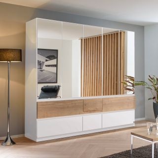 Armoire 226 cm WINDSOR avec 5 portes miroirs et 6 tiroirs en décor blanc mat et chene halifax