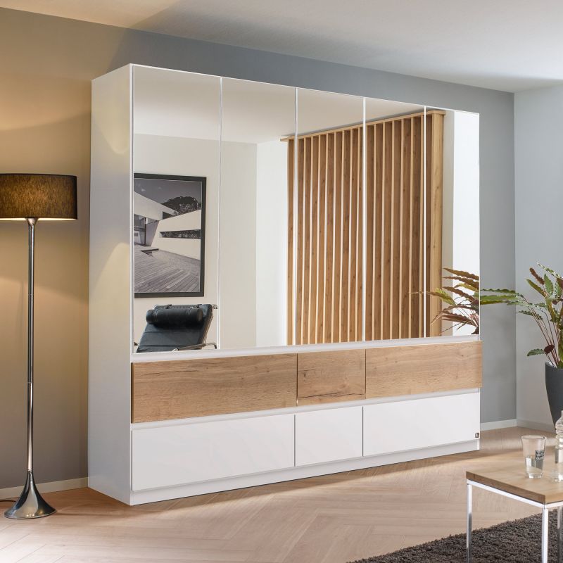Armoire 226 cm WINDSOR avec 5 portes miroirs et 6 tiroirs en décor blanc mat et chene halifax