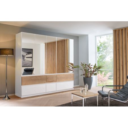 Armoire 226 cm WINDSOR avec 5 portes miroirs et 6 tiroirs en décor blanc mat et chene halifax