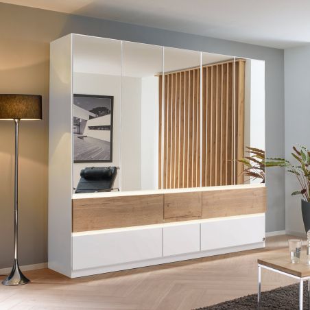 Armoire 226 cm WINDSOR avec 5 portes miroirs et 6 tiroirs en décor blanc mat et chene halifax