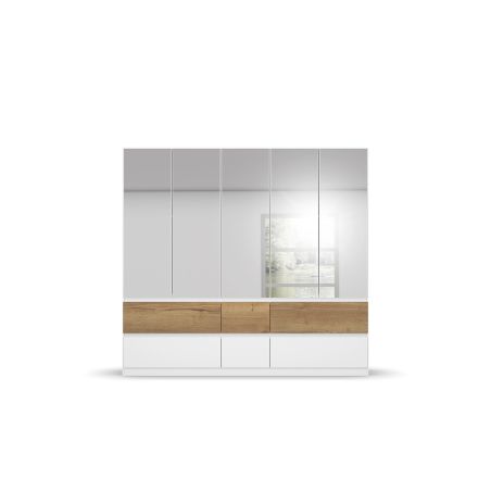 Armoire 226 cm WINDSOR avec 5 portes miroirs et 6 tiroirs en décor blanc mat et chene halifax