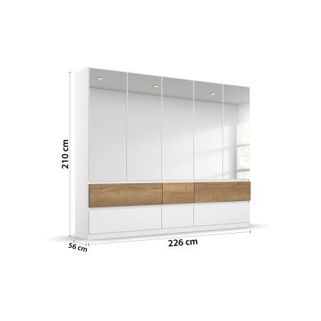 Armoire 226 cm WINDSOR avec 5 portes miroirs et 6 tiroirs en décor blanc mat et chene halifax