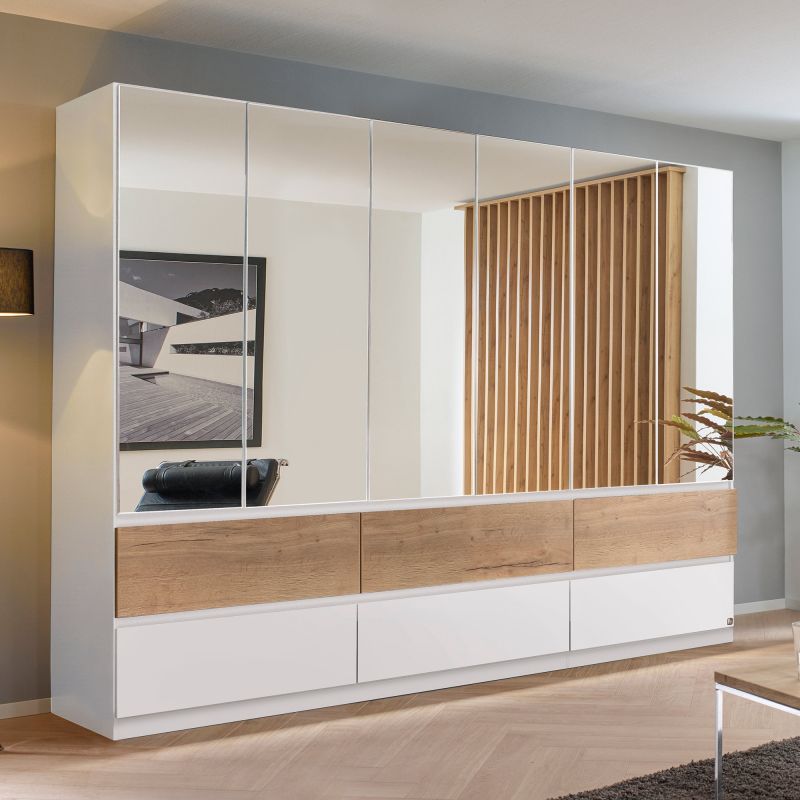 Armoire 271 cm WINDSOR avec 6 portes miroirs et 6 tiroirs en décor blanc mat et chene halifax