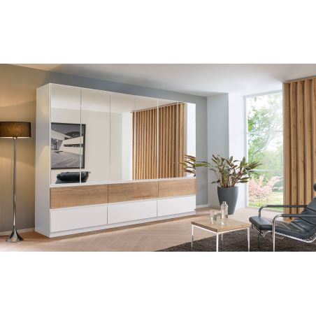 Armoire 271 cm WINDSOR avec 6 portes miroirs et 6 tiroirs en décor blanc mat et chene halifax