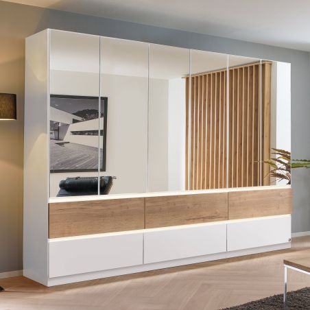 Armoire 271 cm WINDSOR avec 6 portes miroirs et 6 tiroirs en décor blanc mat et chene halifax