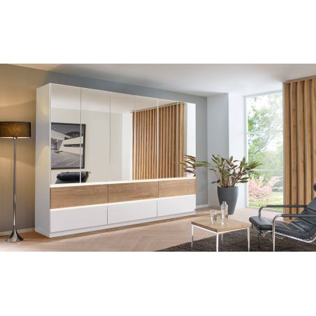 Armoire 271 cm WINDSOR avec 6 portes miroirs et 6 tiroirs en décor blanc mat et chene halifax