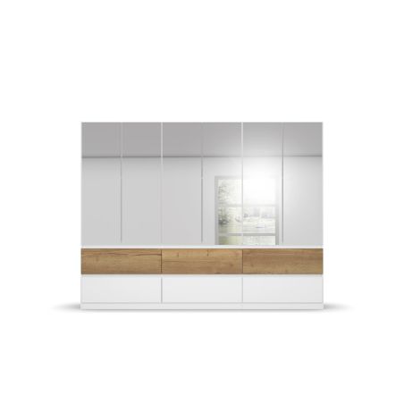 Armoire 271 cm WINDSOR avec 6 portes miroirs et 6 tiroirs en décor blanc mat et chene halifax