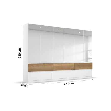 Armoire 271 cm WINDSOR avec 6 portes miroirs et 6 tiroirs en décor blanc mat et chene halifax