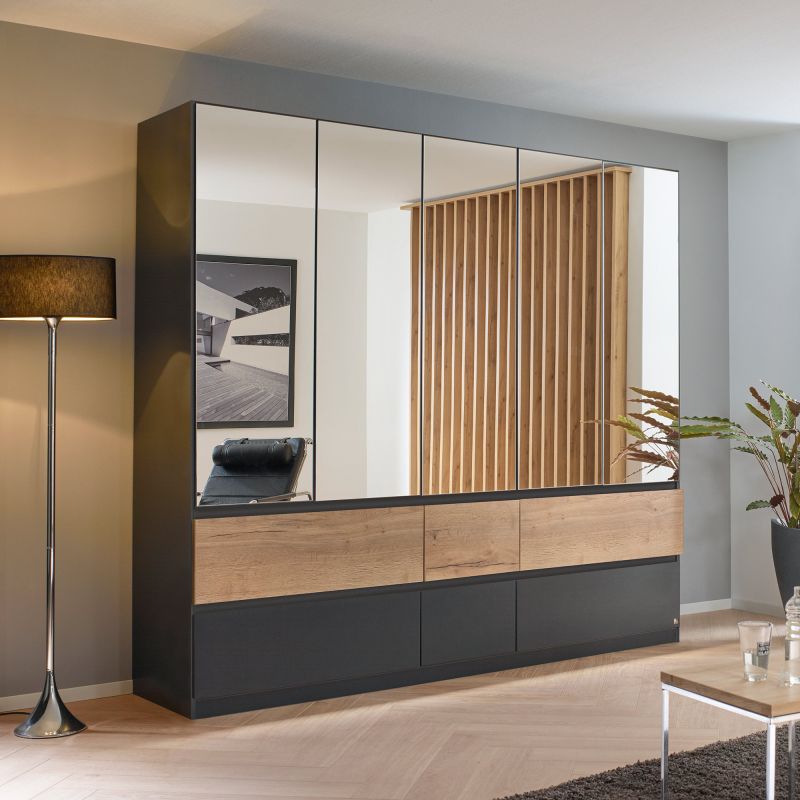 Armoire 226 cm WINDSOR avec 5 portes miroirs et 6 tiroirs en décor gris mat et chene halifax