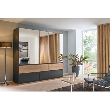 Armoire 226 cm WINDSOR avec 5 portes miroirs et 6 tiroirs en décor gris mat et chene halifax