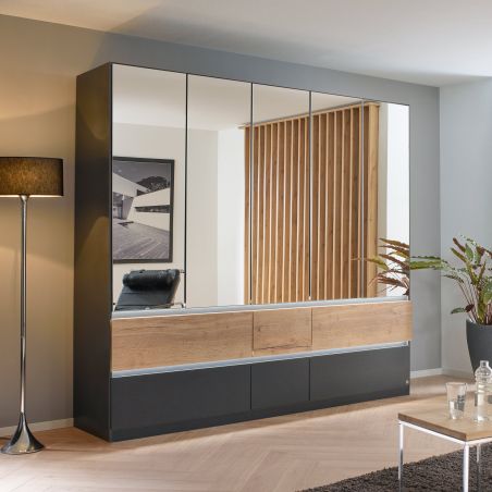 Armoire 226 cm WINDSOR avec 5 portes miroirs et 6 tiroirs en décor gris mat et chene halifax