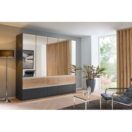 Armoire 226 cm WINDSOR avec 5 portes miroirs et 6 tiroirs en décor gris mat et chene halifax