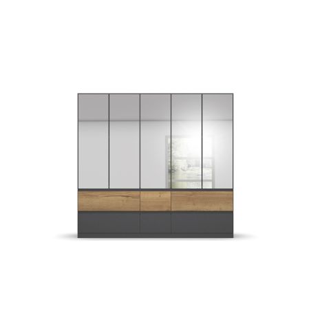 Armoire 226 cm WINDSOR avec 5 portes miroirs et 6 tiroirs en décor gris mat et chene halifax
