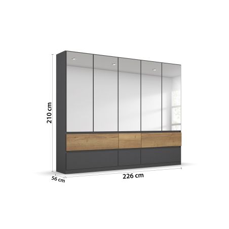 Armoire 226 cm WINDSOR avec 5 portes miroirs et 6 tiroirs en décor gris mat et chene halifax