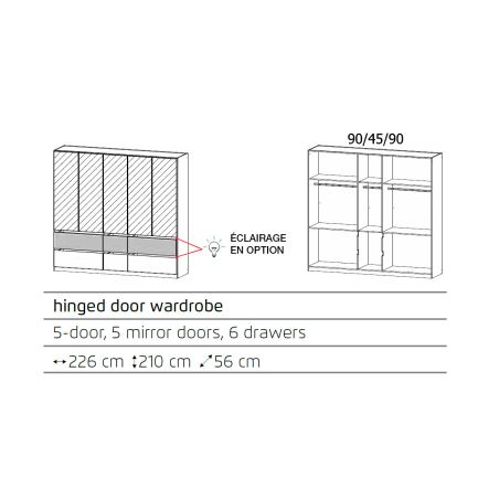 Armoire 226 cm WINDSOR avec 5 portes miroirs et 6 tiroirs en décor gris mat et chene halifax