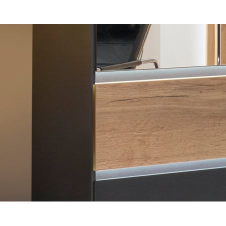Armoire 226 cm WINDSOR avec 5 portes miroirs et 6 tiroirs en décor gris mat et chene halifax