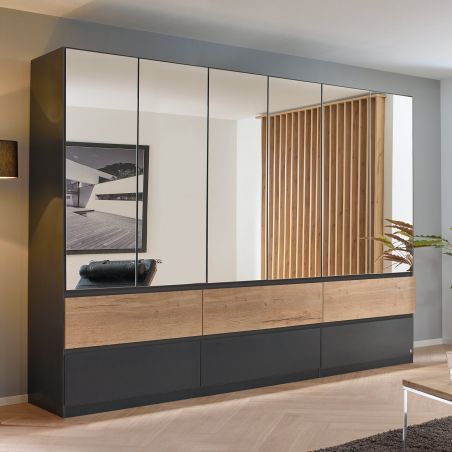 Armoire 271 cm WINDSOR avec 6 portes miroirs et 6 tiroirs en décor gris mat et chene halifax