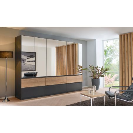 Armoire 271 cm WINDSOR avec 6 portes miroirs et 6 tiroirs en décor gris mat et chene halifax