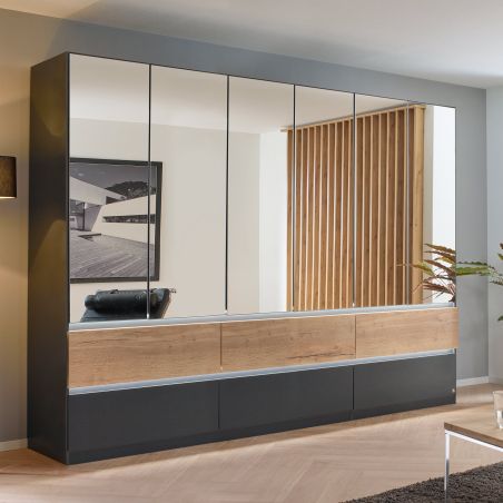 Armoire 271 cm WINDSOR avec 6 portes miroirs et 6 tiroirs en décor gris mat et chene halifax