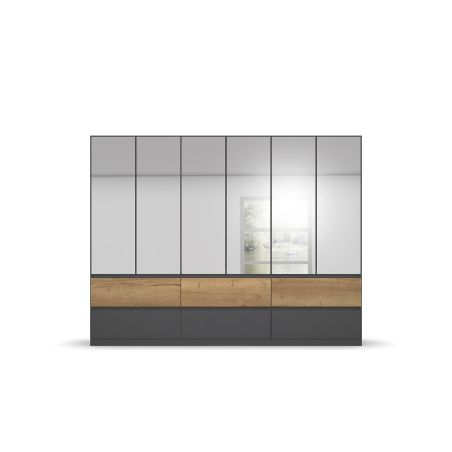Armoire 271 cm WINDSOR avec 6 portes miroirs et 6 tiroirs en décor gris mat et chene halifax
