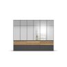 Armoire 271 cm WINDSOR avec 6 portes miroirs et 6 tiroirs en décor gris mat et chene halifax