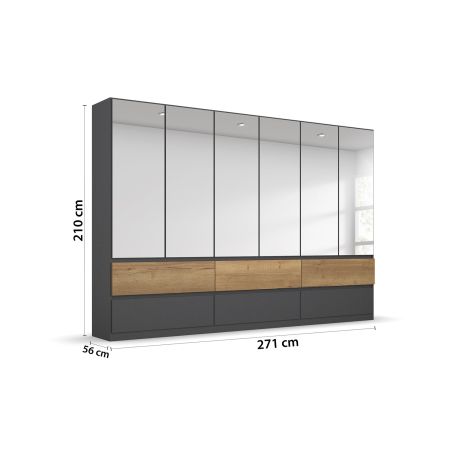 Armoire 271 cm WINDSOR avec 6 portes miroirs et 6 tiroirs en décor gris mat et chene halifax