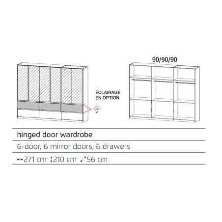 Armoire 271 cm WINDSOR avec 6 portes miroirs et 6 tiroirs en décor gris mat et chene halifax