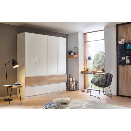 Armoire 181 cm WINDSOR avec 4 portes et 4 tiroirs en décor blanc brillant et chene halifax
