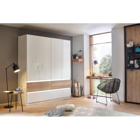 Armoire 181 cm WINDSOR avec 4 portes et 4 tiroirs en décor blanc brillant et chene halifax