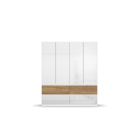 Armoire 181 cm WINDSOR avec 4 portes et 4 tiroirs en décor blanc brillant et chene halifax