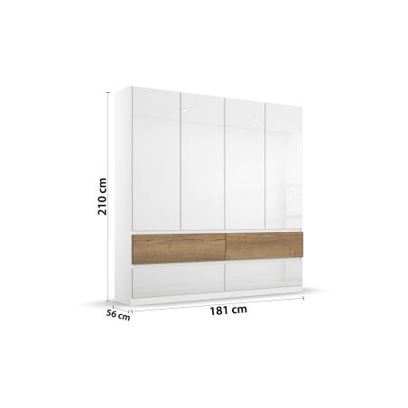 Armoire 181 cm WINDSOR avec 4 portes et 4 tiroirs en décor blanc brillant et chene halifax