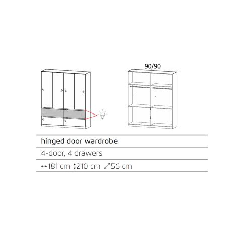 Armoire 181 cm WINDSOR avec 4 portes et 4 tiroirs en décor blanc brillant et chene halifax