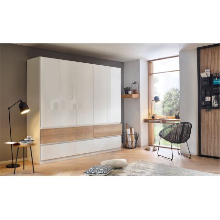Armoire 226 cm WINDSOR avec 5 portes et 6 tiroirs en décor blanc brillant et chene halifax