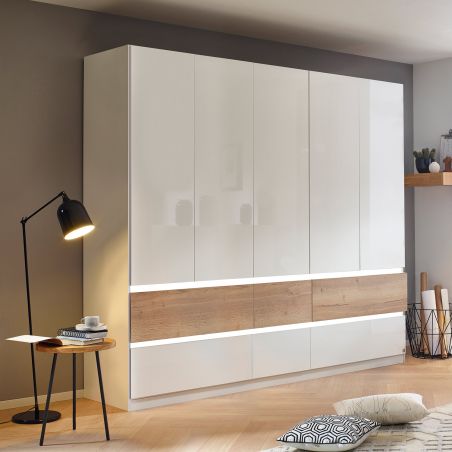 Armoire 226 cm WINDSOR avec 5 portes et 6 tiroirs en décor blanc brillant et chene halifax