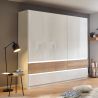 Armoire 226 cm WINDSOR avec 5 portes et 6 tiroirs en décor blanc brillant et chene halifax
