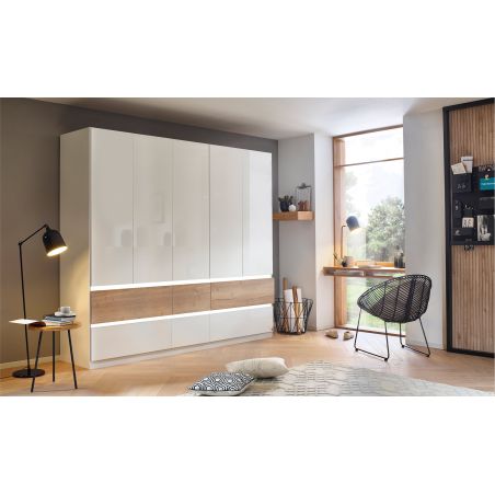 Armoire 226 cm WINDSOR avec 5 portes et 6 tiroirs en décor blanc brillant et chene halifax