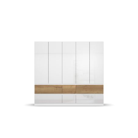 Armoire 226 cm WINDSOR avec 5 portes et 6 tiroirs en décor blanc brillant et chene halifax