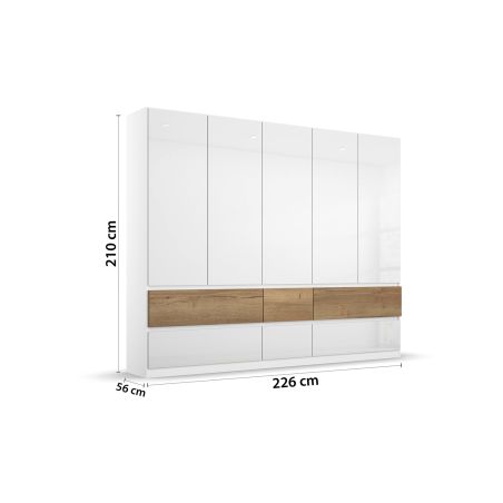 Armoire 226 cm WINDSOR avec 5 portes et 6 tiroirs en décor blanc brillant et chene halifax