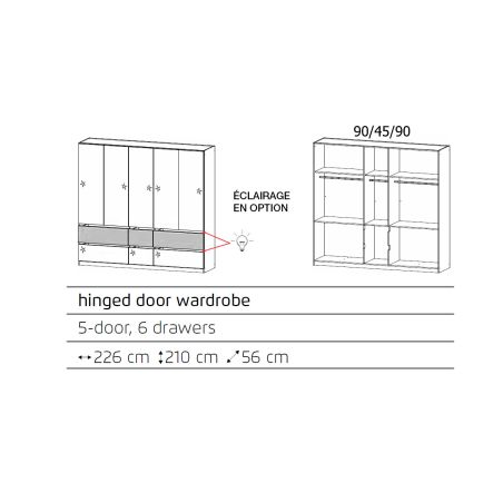 Armoire 226 cm WINDSOR avec 5 portes et 6 tiroirs en décor blanc brillant et chene halifax