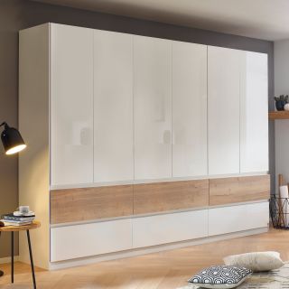 Armoire 271 cm WINDSOR avec 6 portes et 6 tiroirs en décor blancbrillant et chene halifax