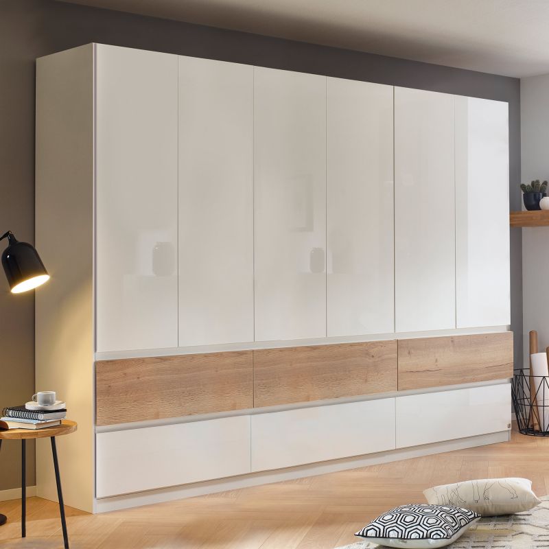 Armoire 271 cm WINDSOR avec 6 portes et 6 tiroirs en décor blancbrillant et chene halifax