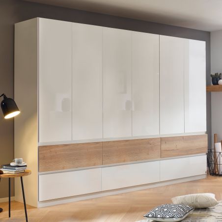 Armoire 271 cm WINDSOR avec 6 portes et 6 tiroirs en décor blancbrillant et chene halifax