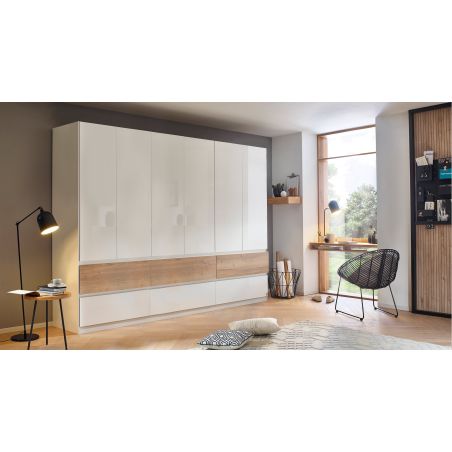 Armoire 271 cm WINDSOR avec 6 portes et 6 tiroirs en décor blancbrillant et chene halifax