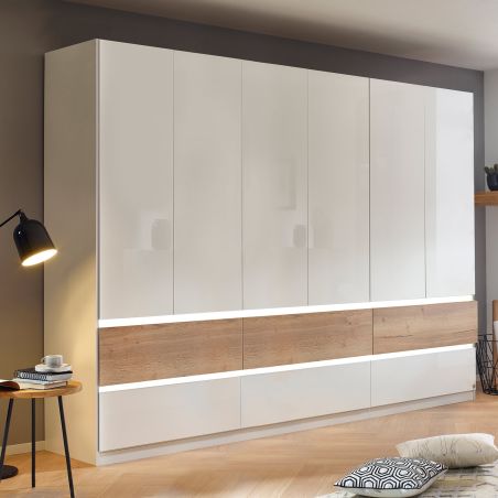 Armoire 271 cm WINDSOR avec 6 portes et 6 tiroirs en décor blancbrillant et chene halifax