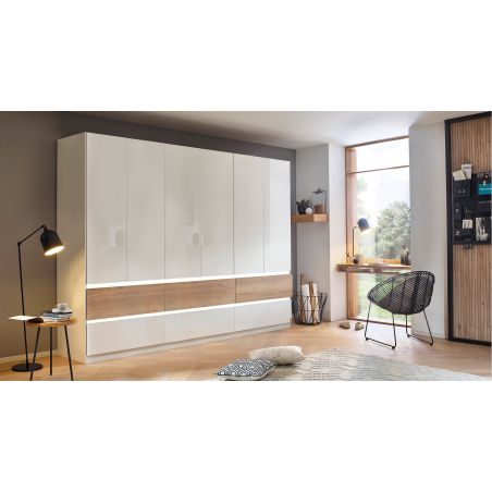 Armoire 271 cm WINDSOR avec 6 portes et 6 tiroirs en décor blancbrillant et chene halifax