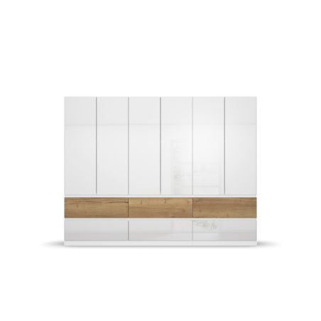 Armoire 271 cm WINDSOR avec 6 portes et 6 tiroirs en décor blancbrillant et chene halifax