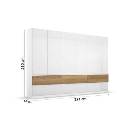 Armoire 271 cm WINDSOR avec 6 portes et 6 tiroirs en décor blancbrillant et chene halifax