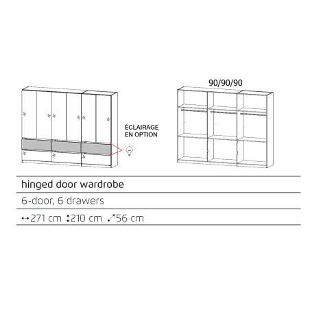 Armoire 271 cm WINDSOR avec 6 portes et 6 tiroirs en décor blancbrillant et chene halifax