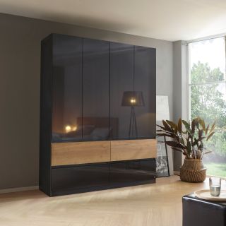 Armoire 181 cm WINDSOR avec 4 portes et 4 tiroirs en décor gris brillant et chene halifax