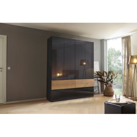 Armoire 181 cm WINDSOR avec 4 portes et 4 tiroirs en décor gris brillant et chene halifax